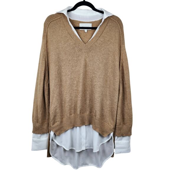 Brochu Walker The Looker Camel Tan Cashmere Oversize V-Neck Sweater White Layer - Picture 3 of 13